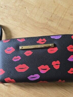 Betsey Johnson Black Wristlet with Red and Purple Lip Print Wristlet